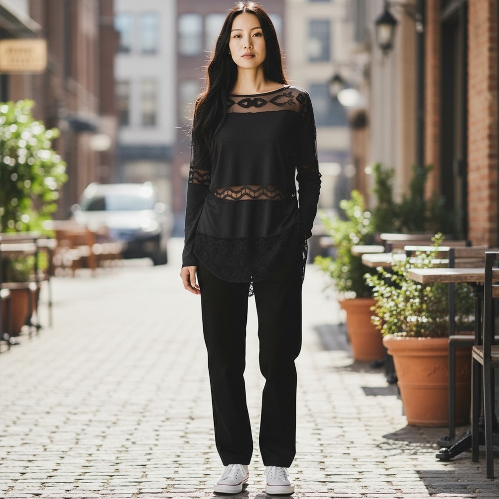Free People black sheer lace long-sleeve blouse/top